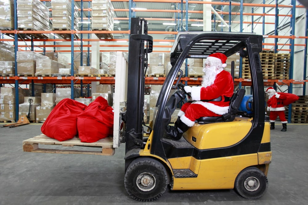 Rush,Hours,Before,Christmas.santa,Claus,As,A,Forklift,Operator,At