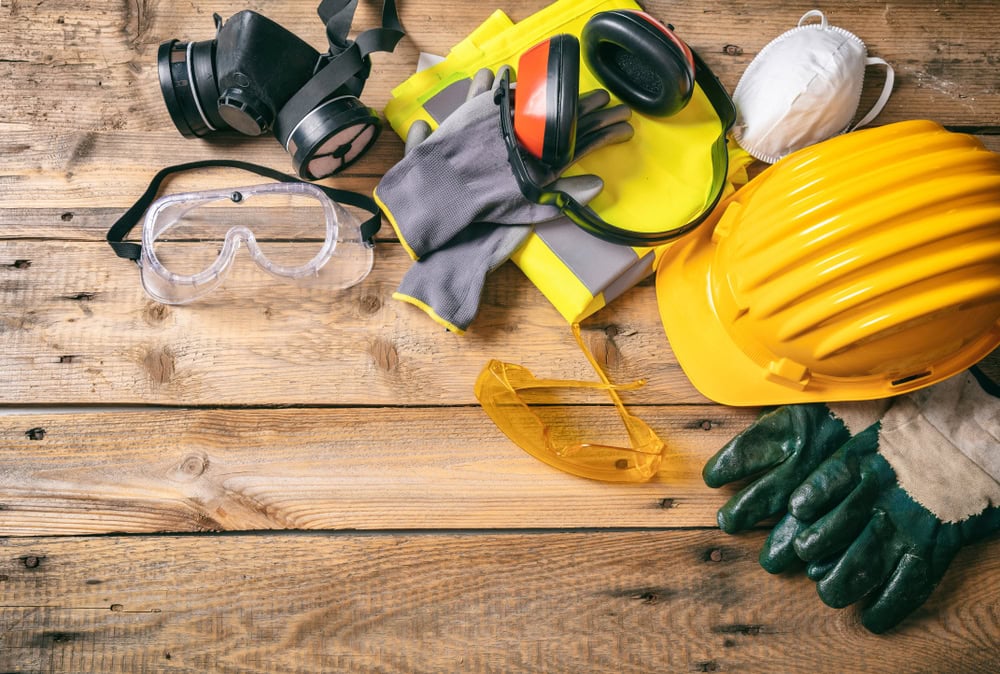 Work,Safety ,Construction,Site,Protective,Equipment,On,Wooden,Background,,Flat