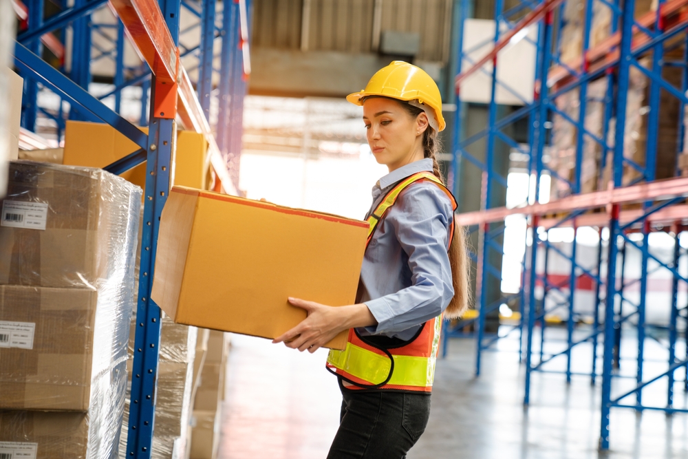 Female,Workers,Working,In,Factory,Warehouse ,Woman,Carrying,Box,Parcel